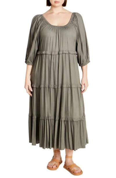 City Chic Ophelia Ruffle Tiered Dress In Brown