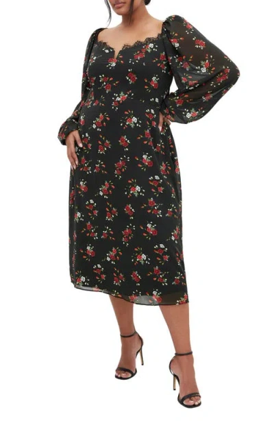 City Chic Orla Floral Long Sleeve Chiffon Midi Dress In Black