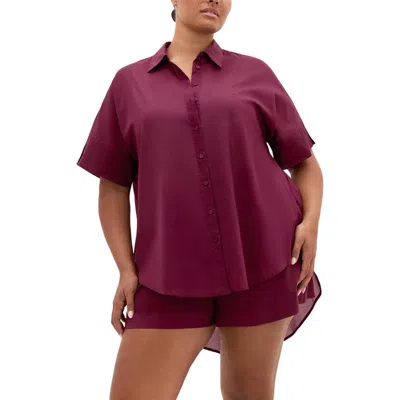 City Chic Oversize Longline Cotton Button-up Shirt In Red