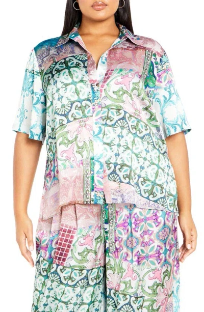 City Chic Paisley Satin Button-up Shirt In Paisley Tile