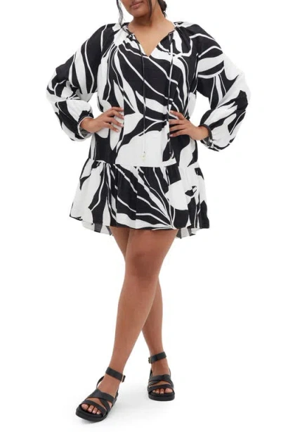 City Chic Palma Long Sleeve Minidress In Palm Paradise