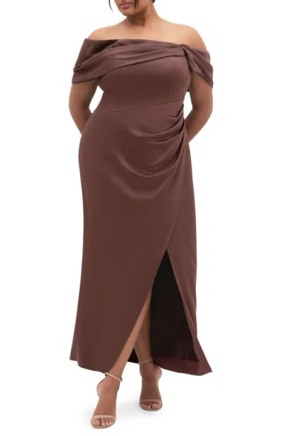 City Chic Paloma Off The Shoulder Satin Maxi Dress In Brown