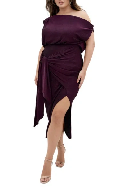 City Chic Paloma Tie Waist One-shoulder Midi Dress In Spiced Plum