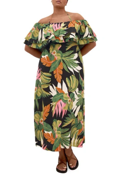 City Chic Paradiso Print Tie Neck Maxi Dress In Green