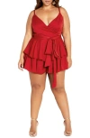 City Chic Party Wrap Romper In Red
