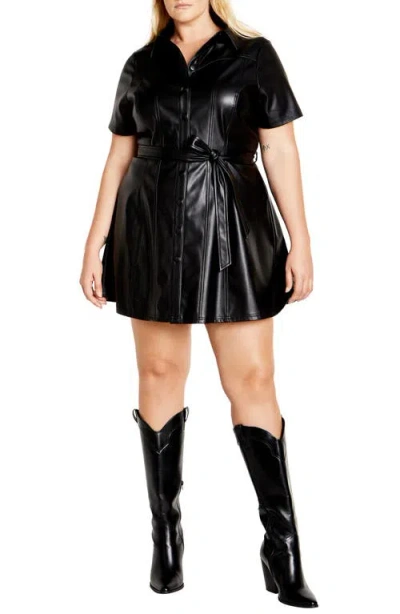 City Chic Paula Tie Waist Faux Leather Dress In Black