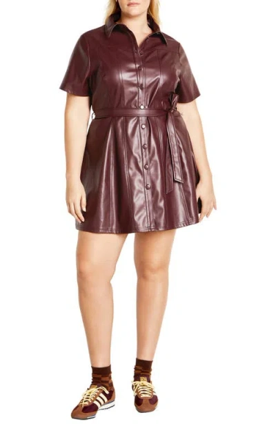 City Chic Paula Tie Waist Faux Leather Dress In Brown