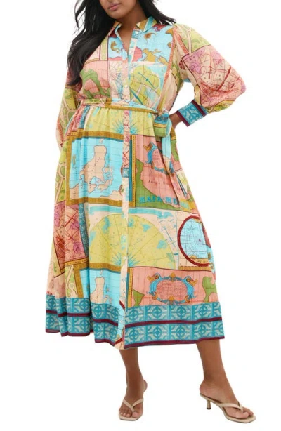 City Chic Paulo Map Print Long Sleeve Shirtdress In Multi