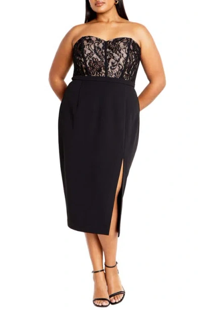 City Chic Perfect Date Mixed Media Strapless Dress In Black