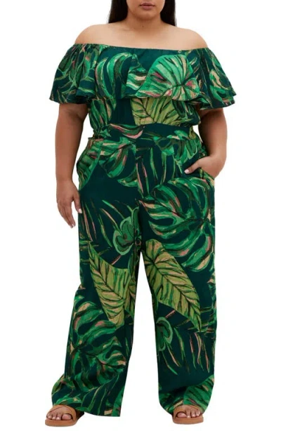 City Chic Peta Palm Jumpsuit In Night Palm