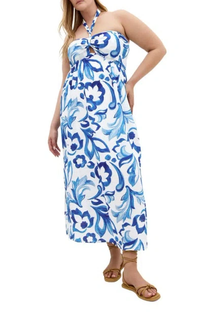 City Chic Peta Serene Print Halter Neck Maxi Dress In Blue