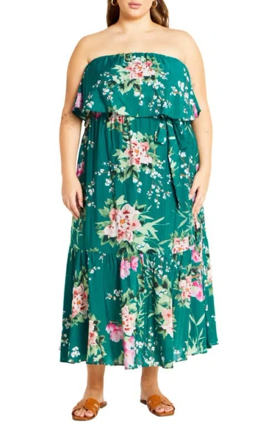 City Chic Pia Floral Strapless Maxi Dress In Jade Sweet Blossom