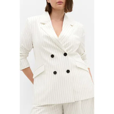 City Chic Pinstripe Double Breasted Jacket In White