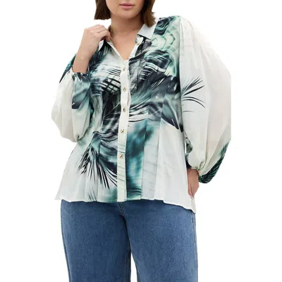 City Chic Piper Palm Print Button-up Shirt In Green