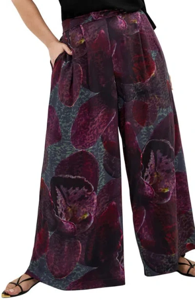 City Chic Piper Printed Wide Leg Pants In Black Orchid