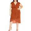 City Chic Pleated Flutter Sleeve Midi Dress In Brown