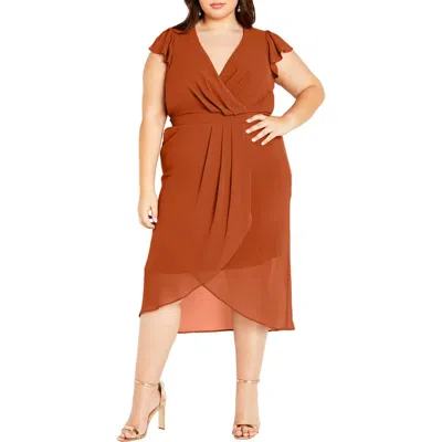 City Chic Pleated Flutter Sleeve Midi Dress In Brown