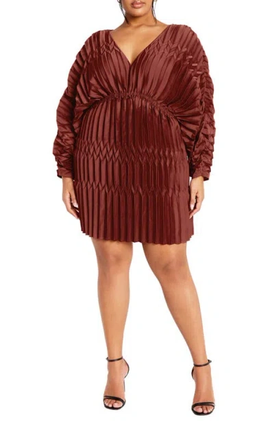 City Chic Pleated Long Sleeve Cocktail In Sienna