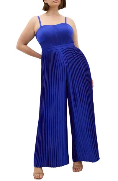 City Chic Pleated Satin Jumpsuit In Blue