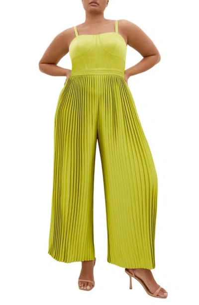City Chic Pleated Satin Jumpsuit In Green