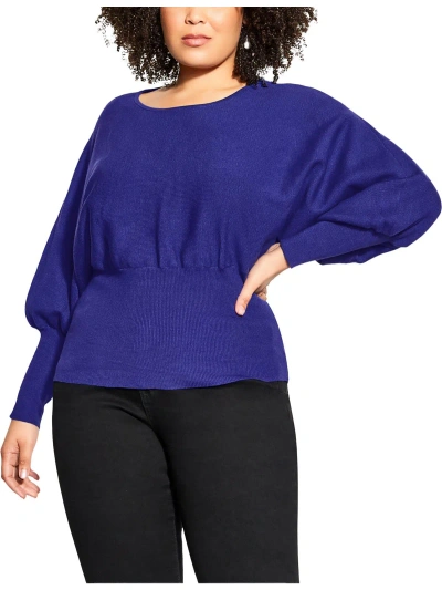 City Chic Plus Lily Womens Ribbed Trim Long Sleeve Pullover Sweater In Blue