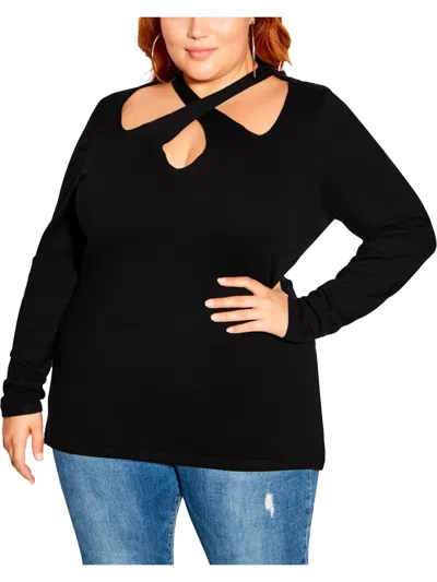 City Chic Plus Mia Womens Crossover Neck Cut Out Blouse In Black