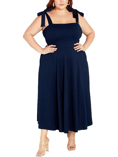 City Chic Plus Monroe Womens Tie-should Midi Fit & Flare Dress In Blue