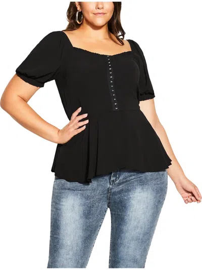 City Chic Plus Quirky Womens Georgette Ruffled Pullover Top In Black
