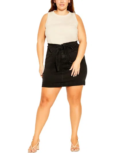 City Chic Plus Skirt Olivia Womens Above Knee Tie-waist Denim Skirt In Black