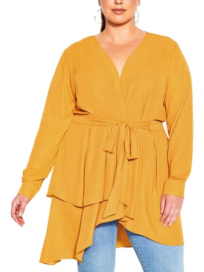 City Chic Plus Womens Blouse V-neck Wrap Top In Yellow