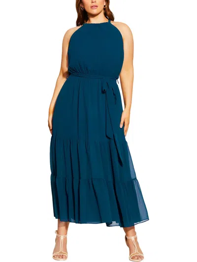 City Chic Plus Womens Chiffon Halter Maxi Dress In Blue