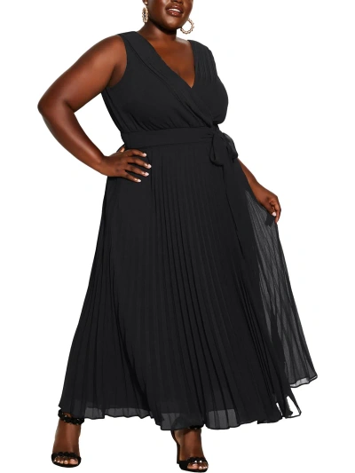 City Chic Plus Womens Crepe Pleated Maxi Dress In Black