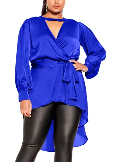 City Chic Plus Womens Faux Wrap Polyester Blouse In Blue