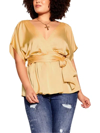 City Chic Plus Womens Faux Wrap Tie Waist Blouse In Yellow
