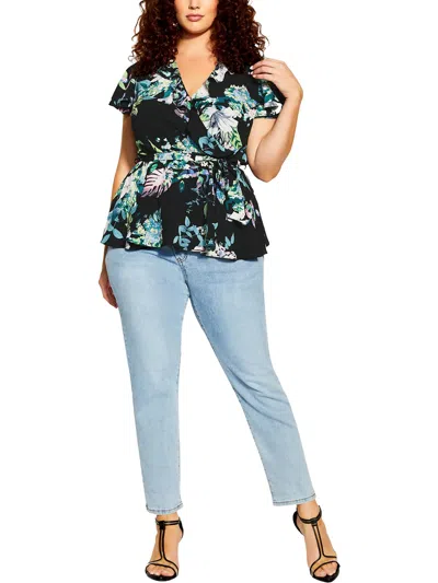City Chic Plus Womens Floral Print Peplum Blouse In Multi