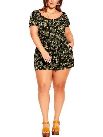 City Chic Plus Womens Floral Print Short Romper In Black