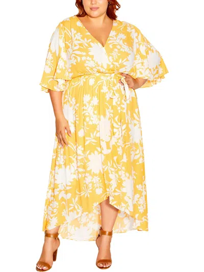 City Chic Plus Womens Floral Print Viscose Maxi Dress In Yellow