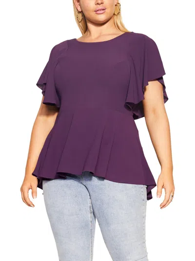 City Chic Plus Womens Flutter Sleeves Office Blouse In Purple