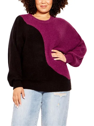 City Chic Plus Womens Knit Colorblock Crewneck Sweater In Multi