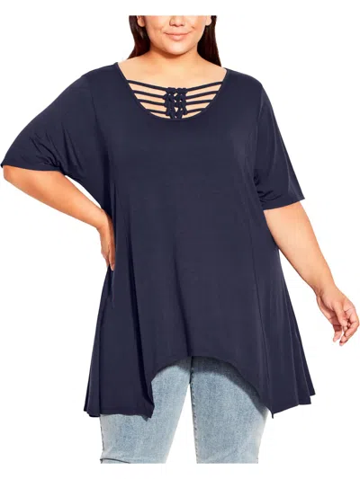 City Chic Plus Womens Knot-front Polyester Tunic Top In Blue