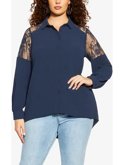 City Chic Plus Womens Lace Polyester Button-down Top In Blue