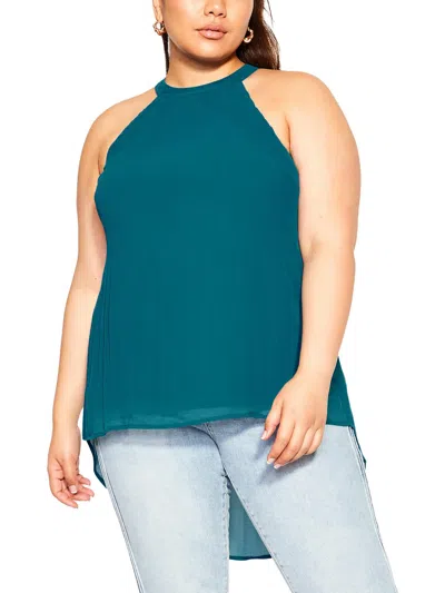 City Chic Plus Womens Sleeveless Pleated Halter Top In Blue