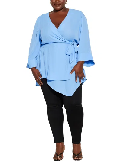 City Chic Plus Womens V-neck Wrap Blouse In Blue