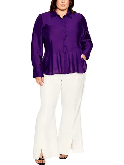 City Chic Plus Womens Woven Long Sleeves Button-down Top In Purple