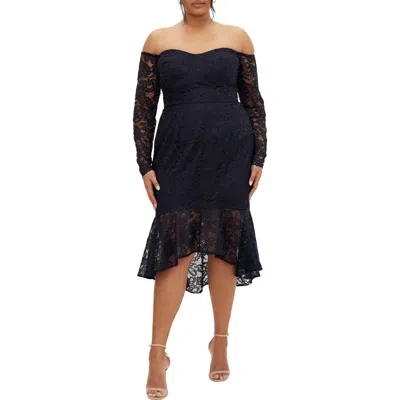 City Chic Poppy Lace Off The Shoulder Long Sleeve Midi Dress In Blue