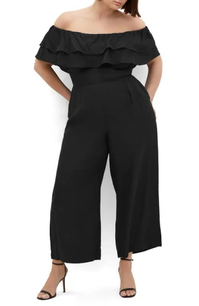 City Chic Poppy Ruffle Off The Shoulder Jumpsuit In Black