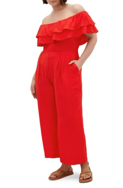 City Chic Poppy Ruffle Off The Shoulder Jumpsuit In Sunset