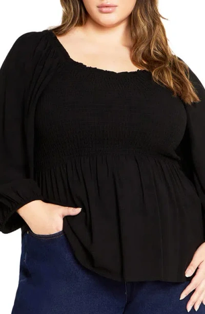 City Chic Poppy Smocked Peplum Top In Black