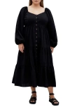 City Chic Portia Button-front Long Sleeve Midi Dress In Black