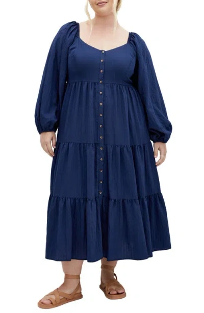 City Chic Portia Button-front Long Sleeve Midi Dress In Navy